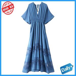 Lace Maxi Dress Short Sleeve V Neck Smocked Waist Boho Party Dress